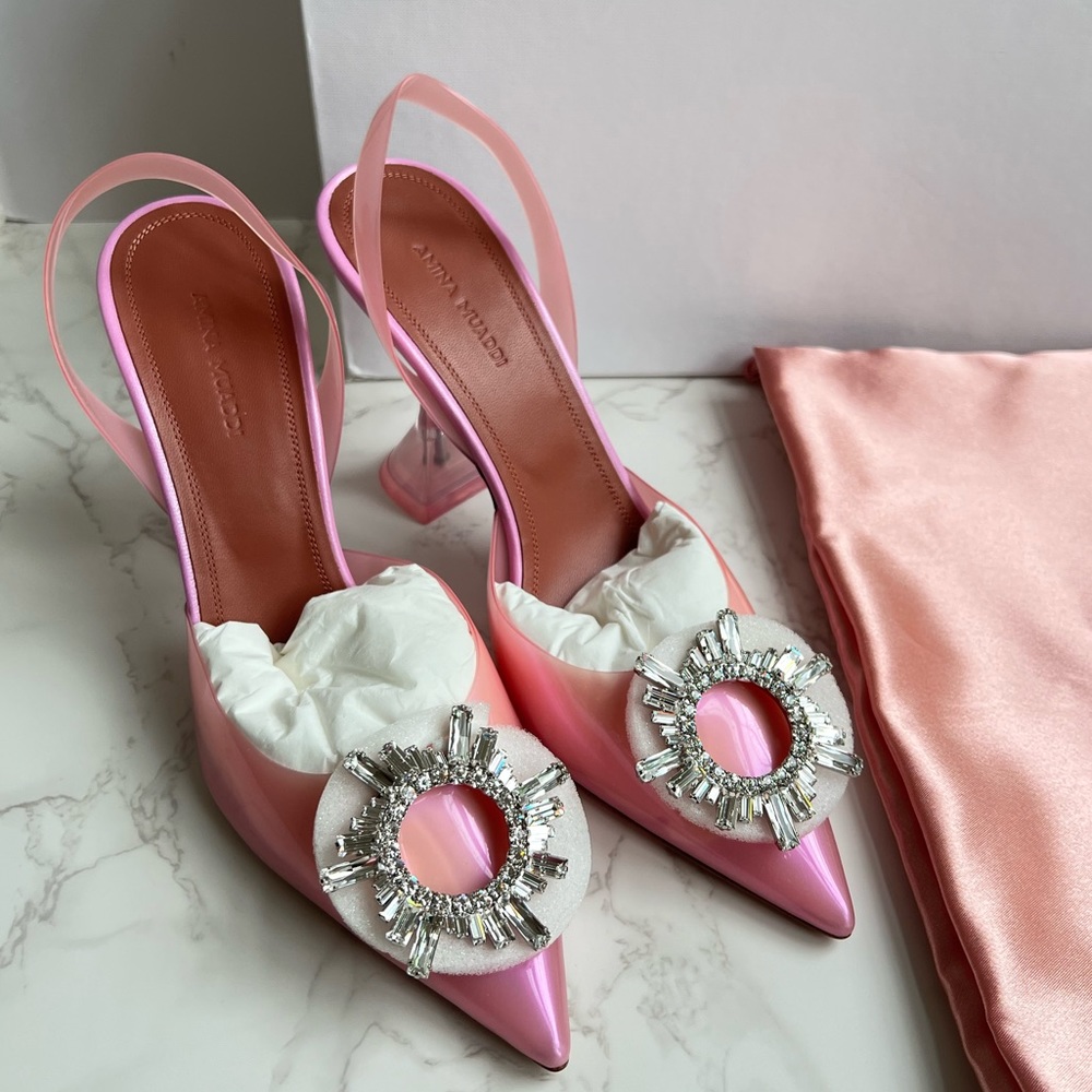 Authentic Brand New Amina Muaddi BEGUM GLASS SLING GALAXY PINK PVC